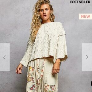 POL Ivory Crew Neck Cable Knit Sweater